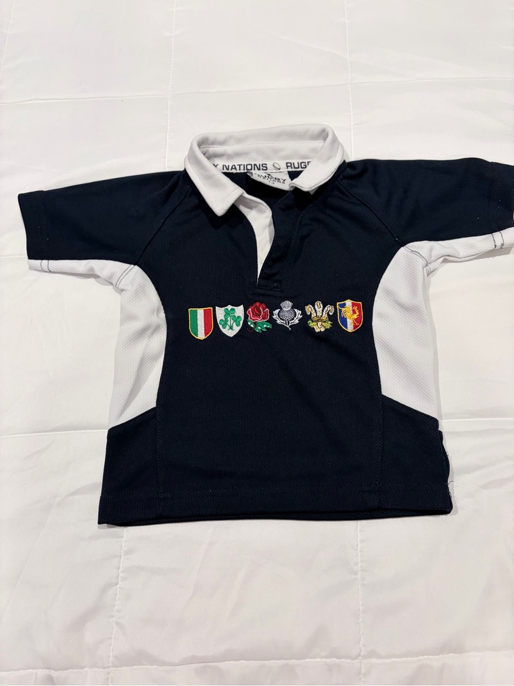 Kids Black and White Rugby Polo with International Crest Embroidery